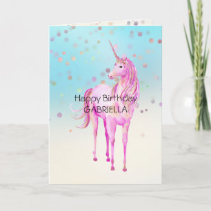 Carte Unicorne rose Confetti Nom personnalisé 