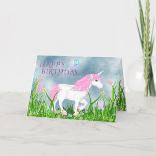Carte Unicorne rose et blanche avec fleurs Anniversaire
