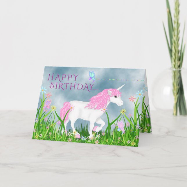 Carte Unicorne rose et blanche avec fleurs Anniversaire (Devant)
