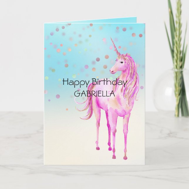 Carte Unicorne rose or Confetti Nom personnalisé (Devant)