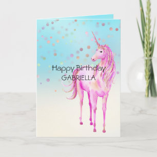 Carte Unicorne rose or Confetti Nom personnalisé