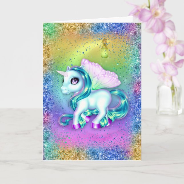 Carte Unicorne sur la lune Arc-en-ciel Anniversaire (Orchidée)