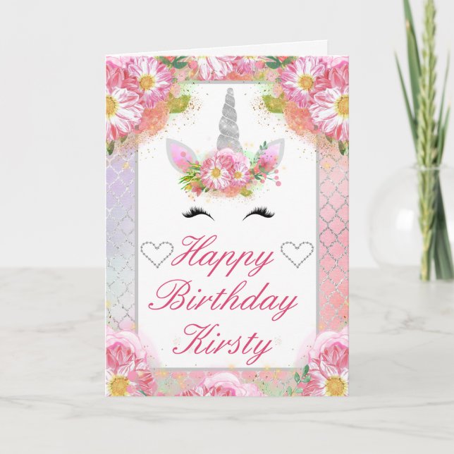 Carte Unicorne Visage rose Argent Anniversaire (Devant)