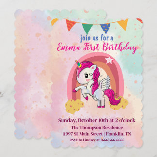 Carte Unicornes magiques Aquarelle rose 1er anniversaire