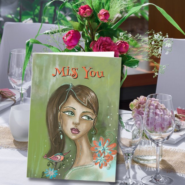 Carte unique "Miss You" avec Floral Girl & Bird (Unique "Miss You" Card with Floral Girl & Bird)