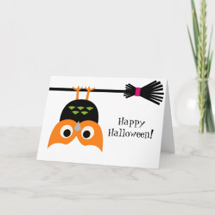 Carte Upside Down Owl on Broom Halloween