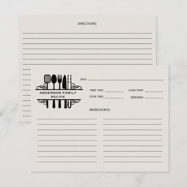 Carte Ustensiles de cuisine noir Monogramme Recette (Devant / Derrière)