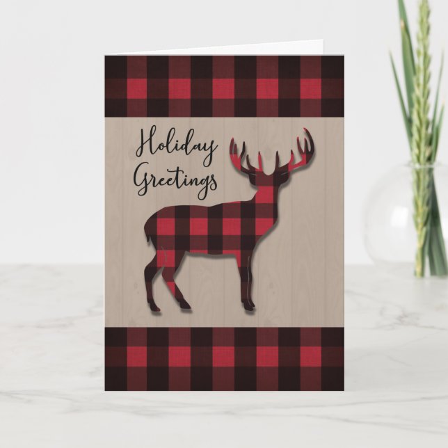 Carte Vacances de Noël Cerf en Rouge Noir Plaid Bois (Devant)