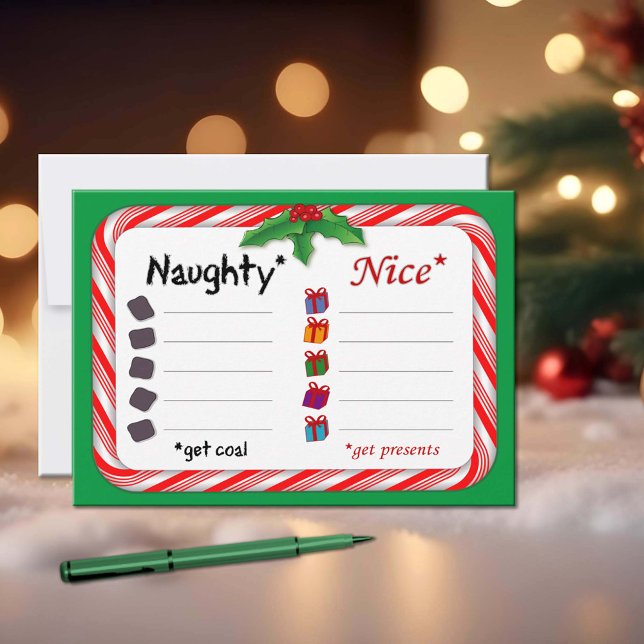 Carte Vacances Plat 5" x 7" (A handy Christmas checklist to help Santa Claus keep track with a candy cane frame.)
