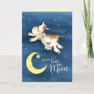 Carte Vache a sauté au-dessus de la lune nouveau bébé