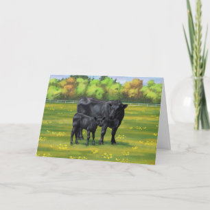 Carte Vache d'Angus noir et veau mou en pâturage d'été