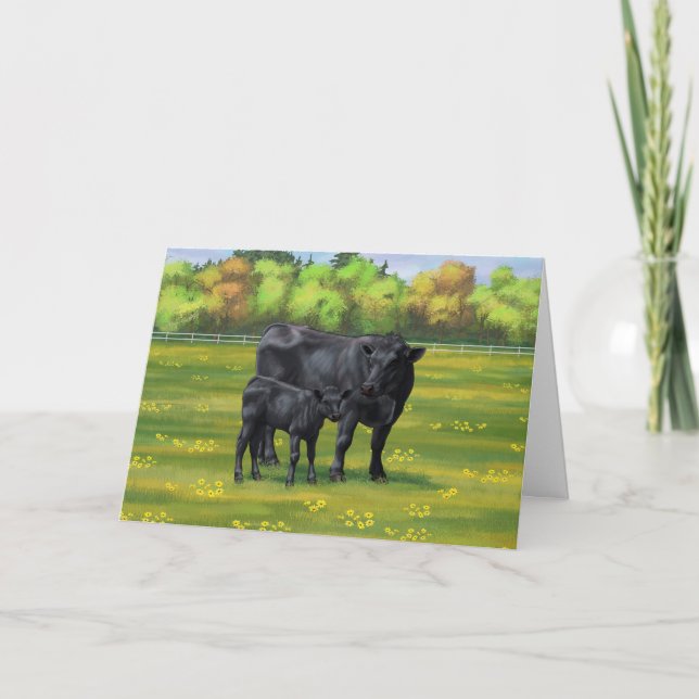 Carte Vache d'Angus noir et veau mou en pâturage d'été (Devant)