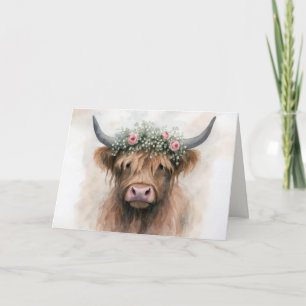 Carte Vache des Highlands de mariage portant une couronn
