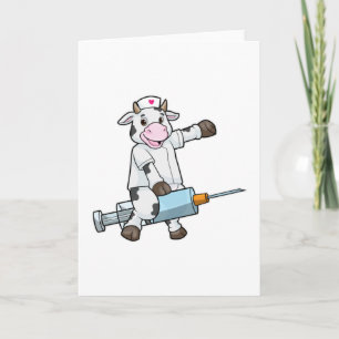 Carte Vache en infirmière avec un cœur et une seringue