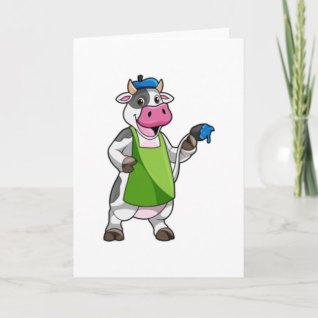 Carte Vache en tant que peintre avec peinture et tablier (Devant)