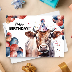 Carte Vache ferme animal aquarelle Portrait heureux anni