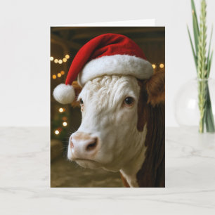 Carte Vache Hereford de Noël portant un chapeau de Père