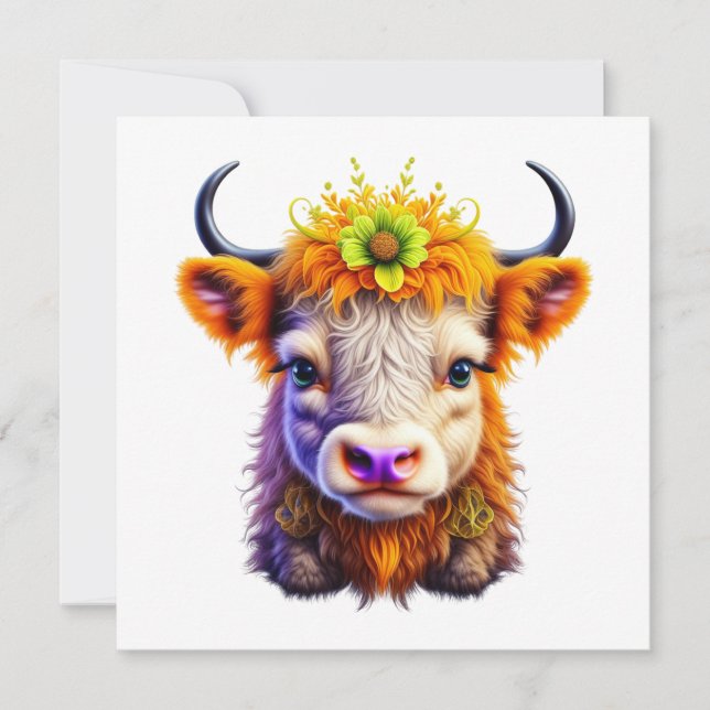 Carte Vache Highland mignonne avec une fleur dans les ch (Devant)