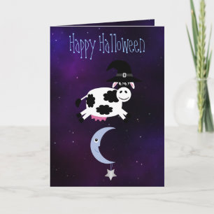 Carte Vache mignonne sautée au-dessus de la lune Hallowe