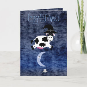Carte Vache mignonne sautée au-dessus de la lune Hallowe
