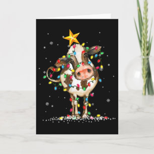 Carte Vache Reindeer Casquette Père Noël Lumières de Noë