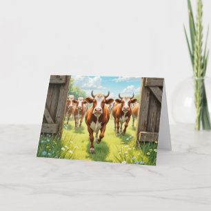 Carte Vaches d'anniversaire s'échappant d'un pâturage