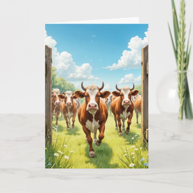 Carte Vaches d'anniversaire s'échappant d'un pâturage (Devant)