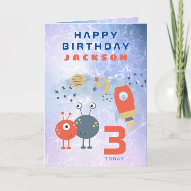 Carte Vaisseau Spatial Aliens Age 3 Anniversaire Espace  (Devant)