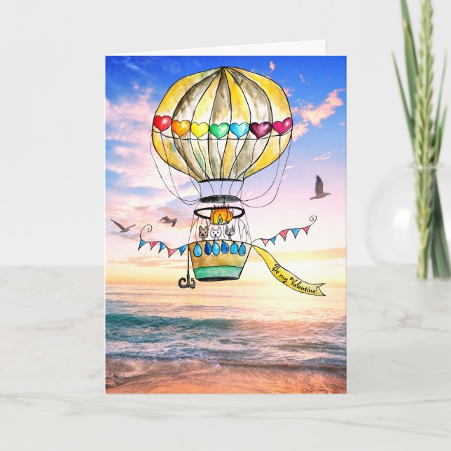 Carte Valentine ballon de plage aquarelle chats arc-en-c (Devant)