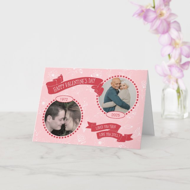 Carte Valentine Couple Doodles Photo/Date Then & Now (Orchidée)