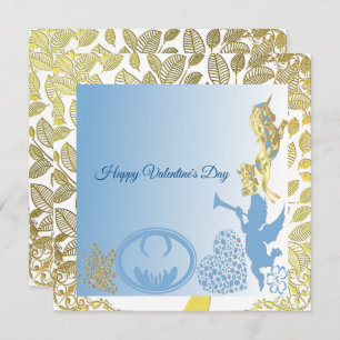 Carte Valentines Cupid Blue Gold Foliage Bordure Romanti