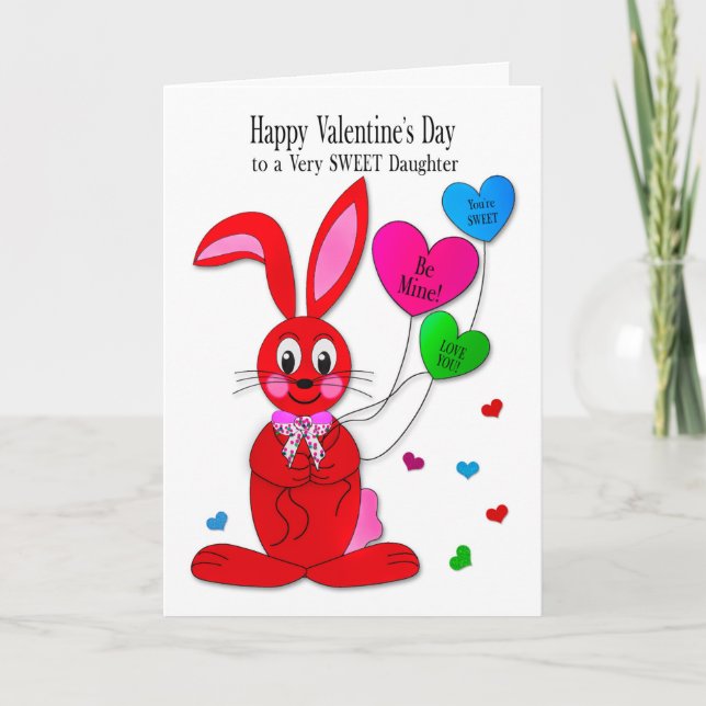 Carte Valentines  daughter Red Bunny Heart Balloons Card (Devant)