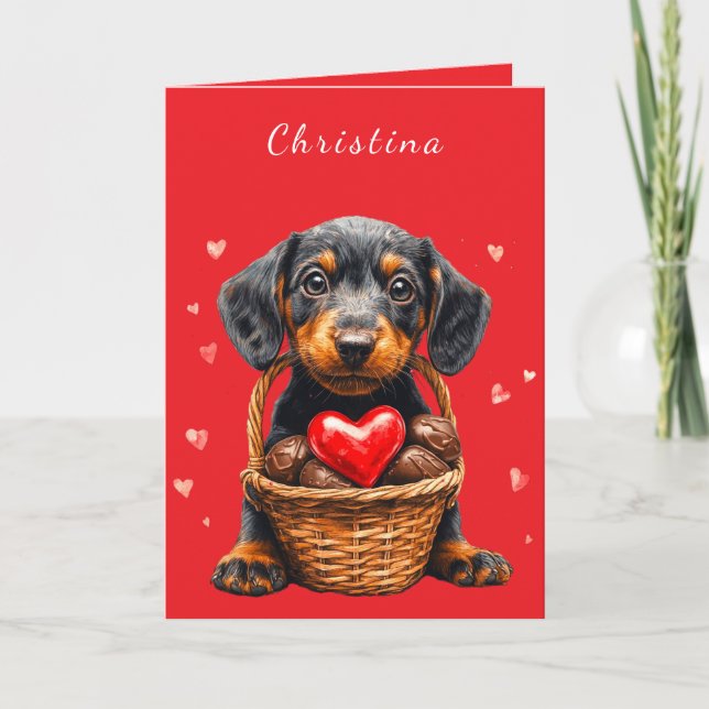 Carte Valentines Day Chiot rose Coeurs Chocolat Panier (Devant)