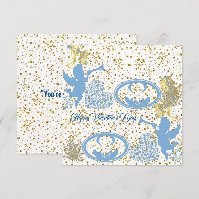 Carte Valentines Jour Cupid Bleu Or Mouton Romantique Mi (Devant / Derrière)