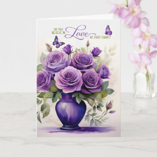 Carte Vase de roses violettes coup de foudre romantique