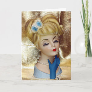 Carte Vase Tête de Dame Fleur de Cheveux Gants Bleus Élé