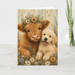 Carte Veau des Highlands mignon et chiot Golden Retrieve