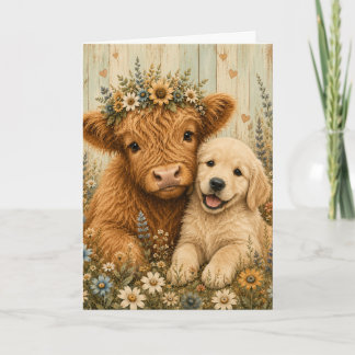 Carte Veau des Highlands mignon et chiot Golden Retrieve