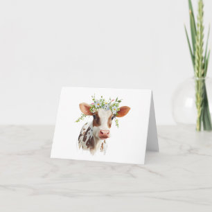 Carte Veau rouge et blanc avec fleurs sur tête BLANC