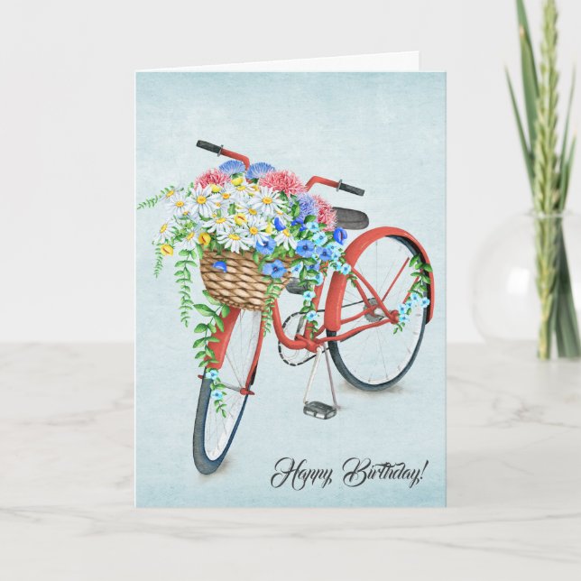 Carte Vélo d'anniversaire avec bouquet de fleurs (Devant)