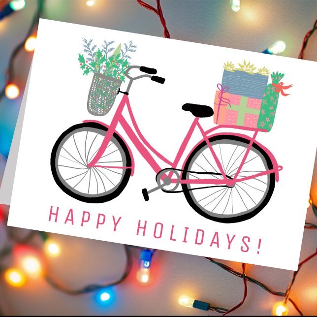 Carte Vélo de Noël adorable rose fête de Noël (Adorable Christmas Bicycle Hand Drawn Cute Pink Holiday Xmas Card
)