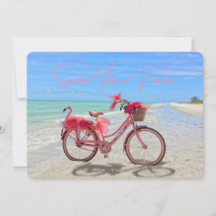 Carte Vélo flamant rose mignon sur la plage de l'île San