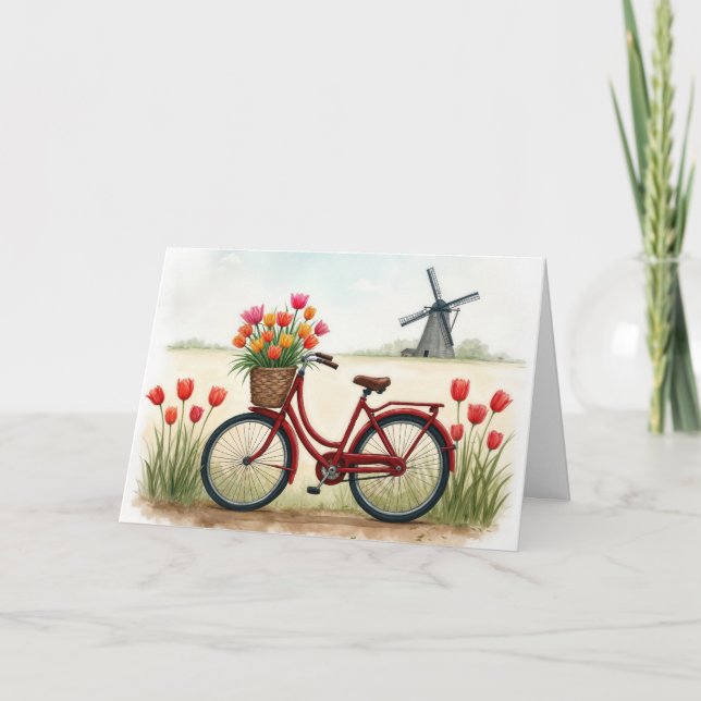 Carte Vélo Rouge Anniversaire Avec Tulipes Néerlandaises (Devant)