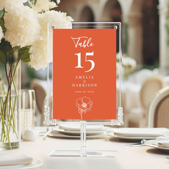 Carte Vérone Sunset Floral Mariage 5x7 Numéro de tableau (Verona Sunset Floral Wedding 5x7 Table Number with Line Art Flower, Couple Names, Wedding Date.)