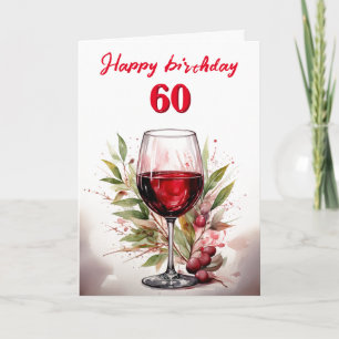 Carte Verre à vin rouge aquarelle rustique 60e anniversa