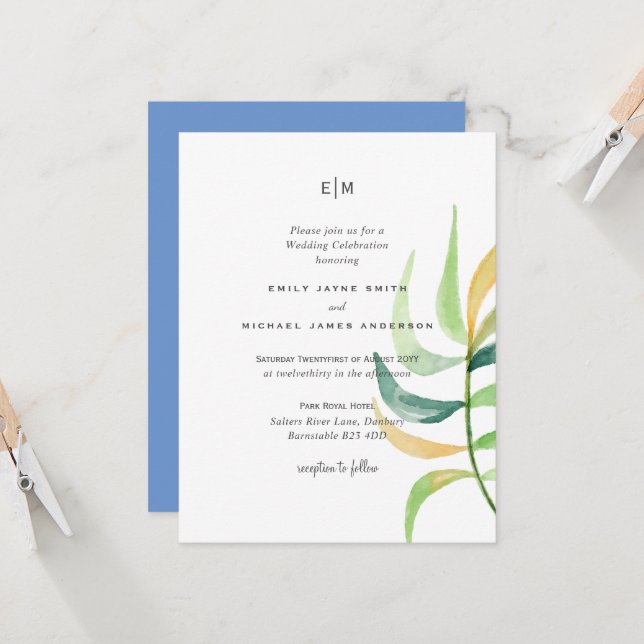 Carte Verre de mer Vert Bleu Mariage de feuille tropical (Devant/Arrière en situation)
