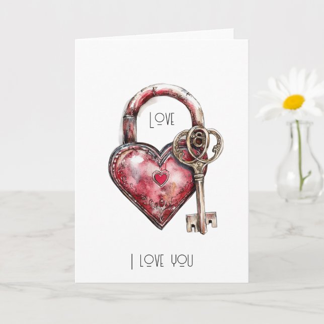 Carte Verrouiller le coeur rouge et l'amour clé (Petite plante)