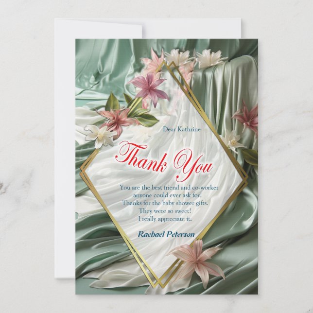 Carte Vert, Crème, Draps De Soie Et Fleurs De Pinkish (Devant)