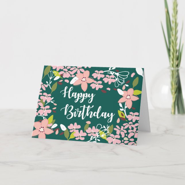 Carte Vert d'anniversaire avec fleurs roses (Devant)