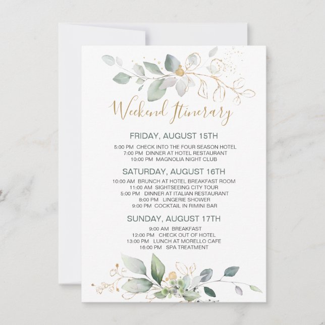 Carte Vert, doré feuillage Bachelorette Week-end Itinéra (Devant)
